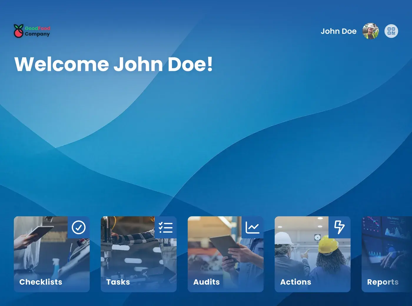 The EZ-GO home screen on a tablet, with the modules side by side