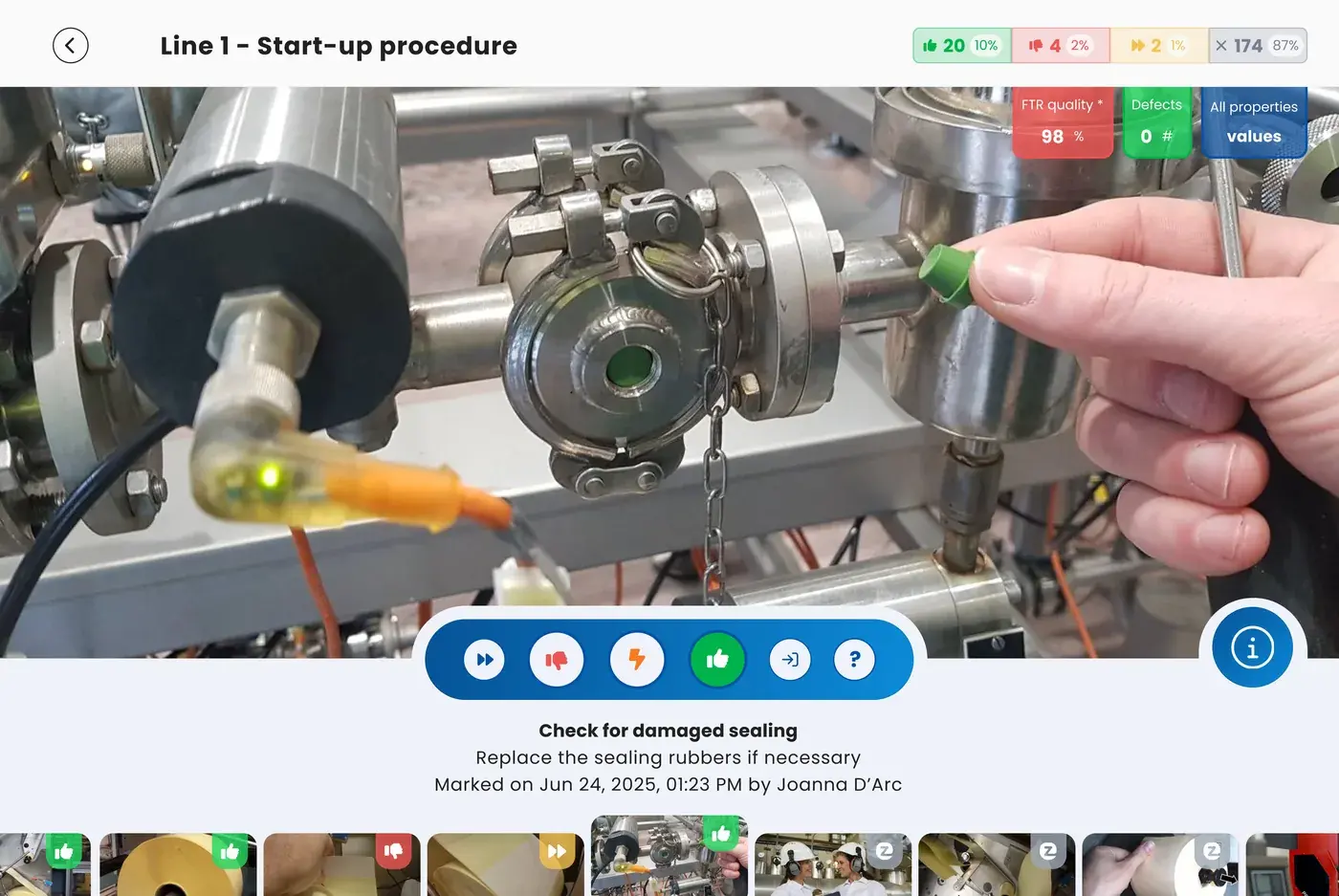 A start-up procedure on a tablet, with a photo at the step