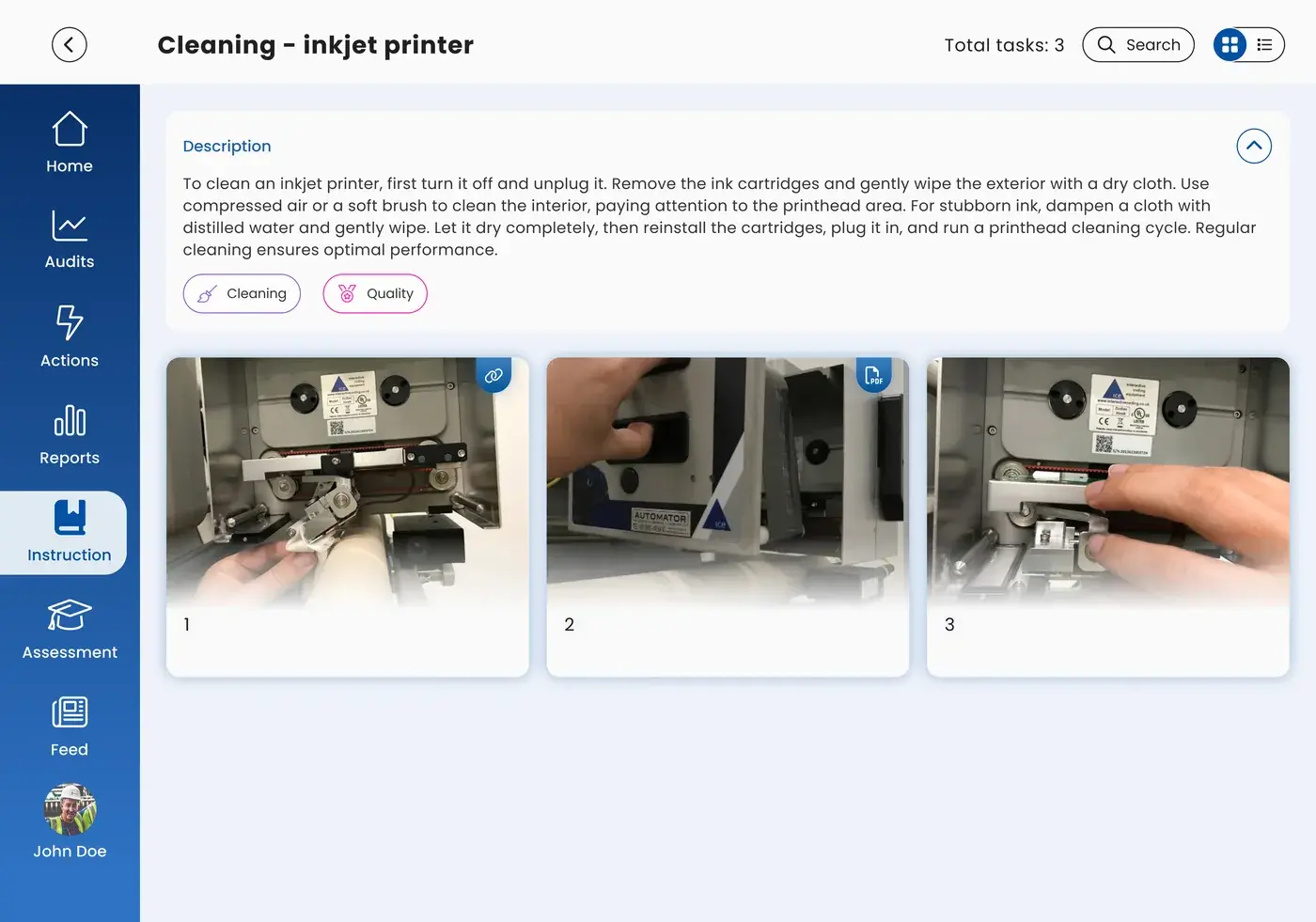A visual work instruction on a tablet, with a photo at every step